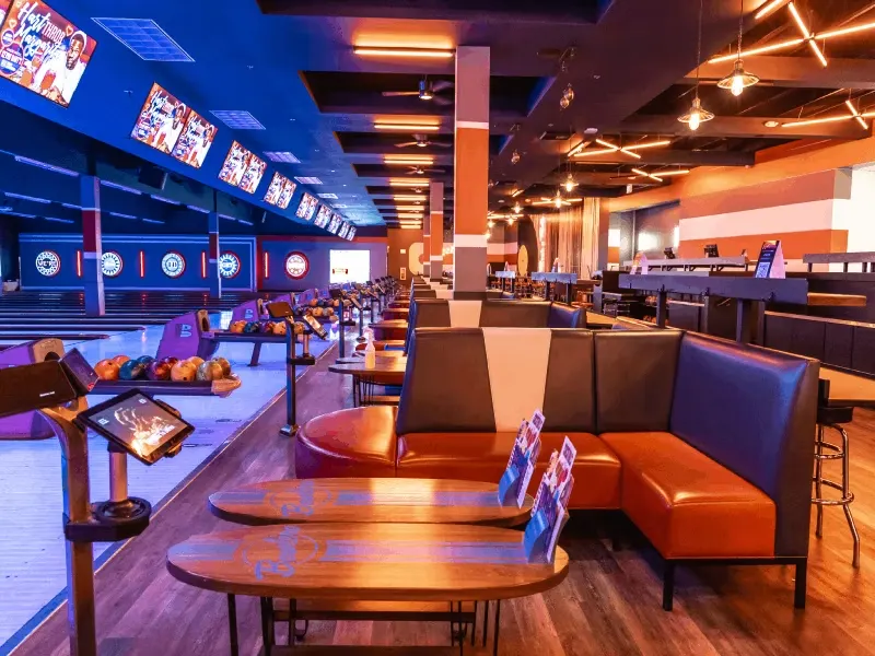 Lanes and lounge seating at Bowlero
